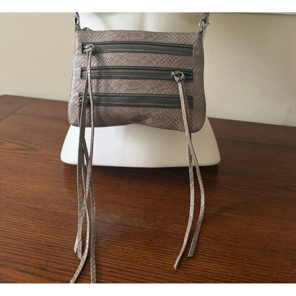 Rebecca Minkoff 3-Zip Crossbody Bag Taupe Grey Snake Embossed Leather Fringe